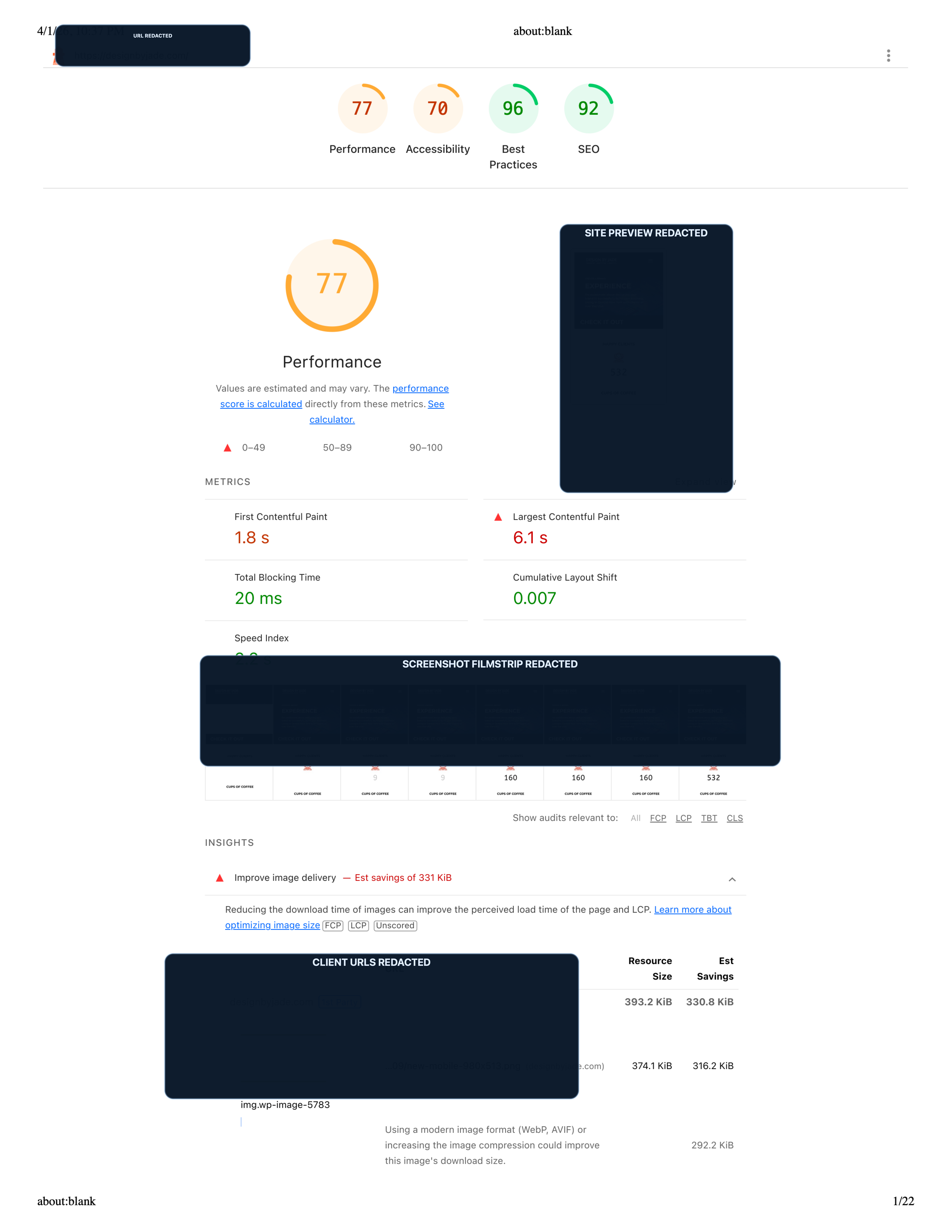 Redacted sample Lighthouse audit showing lower scores before technical cleanup.