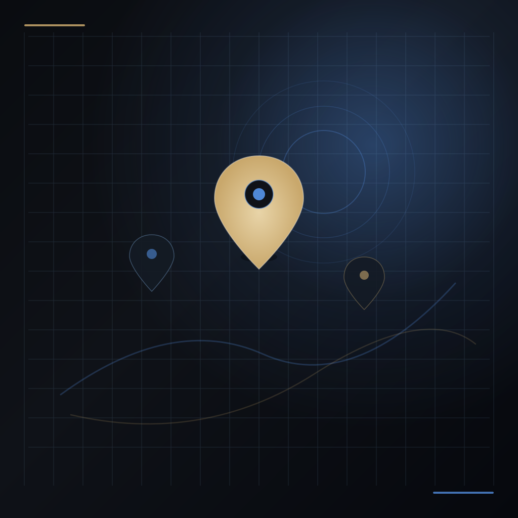 Abstract dark map grid with brass and blue location pins and signal rings — custom artwork for Google Business Profile 2026 Central New York guide