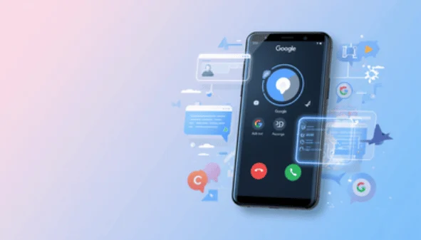 A smartphone showing Google's AI call screen with a location pin, surrounded by Google service icons — Google answering and calling on behalf of a local business