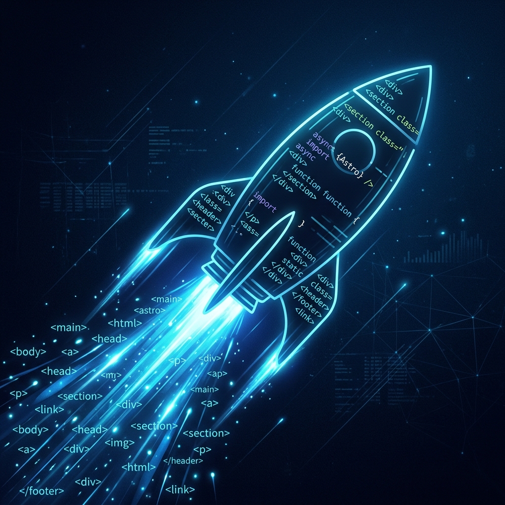 Minimalist rocket ship made of code lines launching upward with blue exhaust trails representing a high-performance Next.js stack