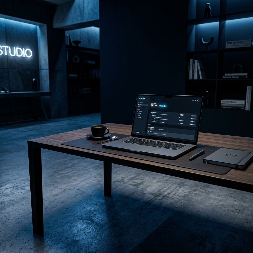 Designed by Anthony studio workspace — premium dark creative environment with MacBook and electric blue ambient lighting